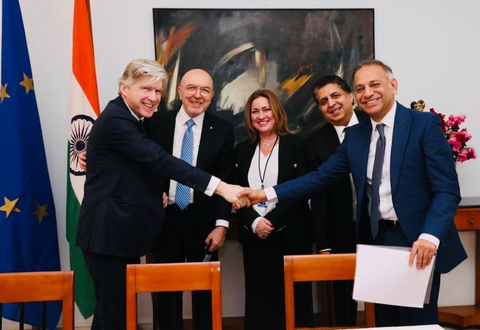LTIMindtree and Eurolife FFH sign MoU to setup GenAl and digital hubs in India and Europe. In the picture left to right Alexandros Sarrigeorgiou, Chairman CEO, Eurolife FFH Insurance Group, Sanjay Tugnait, President Chief Executive Officer, Fairfax Digital Services, Sudhir Chaturvedi, President, and Executive Board Member, LTIMindtree at the residence of Greek Ambassador in Delhi. (Photo: Business Wire)