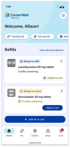 The new CenterWell Pharmacy mobile app includes a simplified dashboard for customers. (Graphic: Business Wire)