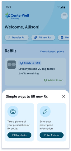Users can choose the method they prefer when requesting a prescription with the new, user-friendly CenterWell Pharmacy mobile app. (Graphic: Business Wire)