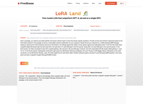 Users can visit LoRA Land and prompt a collection of 25 fine-tuned models and compare the responses to the Mistral-7b-instruct base model. Photo courtesy of Predibase.