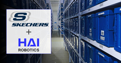 A Hai Robotics Autonomous Case-handling Mobile Robot (ACR), one of 69 that pick and transport containers to fulfill orders within Skechers' distribution center. (Photo: Business Wire)