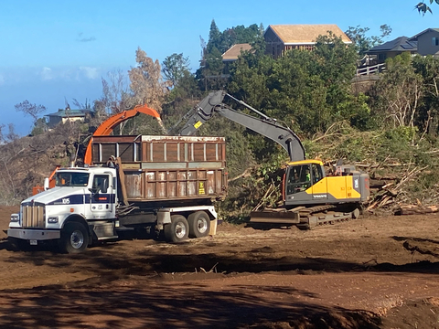 The Kula Community Watershed Alliance is working to restore burned land in Kula, Maui with a grant from the Hawaii Community Foundation. Here, workers make wood chips from burned, fallen, invasive Black Wattle trees. (Photo: Business Wire)