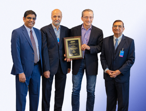 original JEDEC Board members George Vergis (left), Belal Gharaibeh and Chairman Mian Quddus present Pat Gelsinger, Intel CEO, with the association's Distinguished Executive Leadership Award for 2024. (Photo: Business Wire)