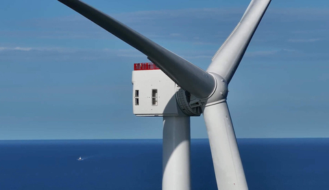 A GE Haliade-X Turbine Stands in the Vineyard Wind 1 Project Area 15 Miles South of Martha's Vineyard, Massachusetts. Photo Credit: Worldview Films