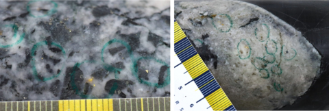 Figure 1: Photos of mineralization, Left: at ~16.5m in NFGC-23-1741, Right: at ~34.2m in NFGC-23-1708
^Note that these photos are not intended to be representative of gold mineralization in NFGC-23-1708 and NFGC-23-1741. (Photo: Business Wire)