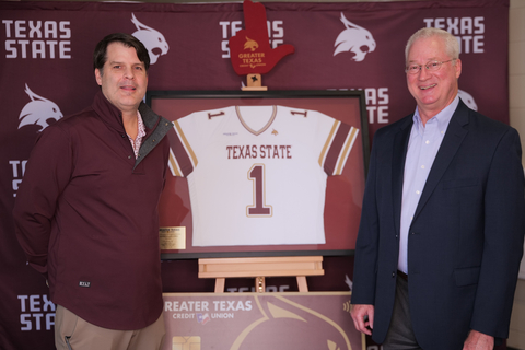 (right) Howard Baker, CEO of Greater Texas Credit Union, presented Texas State Athletic Director, (left) Don Coryell, with a jersey to commemorate the credit union and university partnership. (Photo: Business Wire)