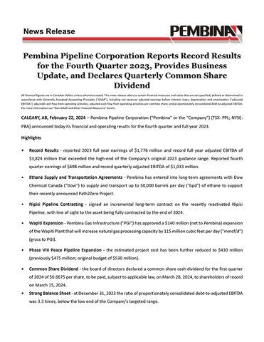 Pembina Pipeline Corporation Reports Record Results for the Fourth Quarter 2023, Provides Business Update, and Declares Quarterly Common Share Dividend