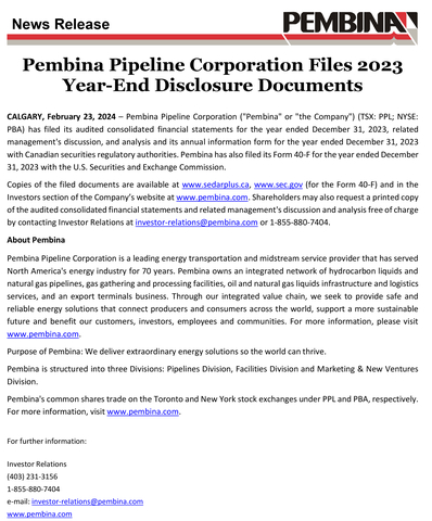 Pembina Pipeline Corporation Files 2023 Year-End Disclosure Documents