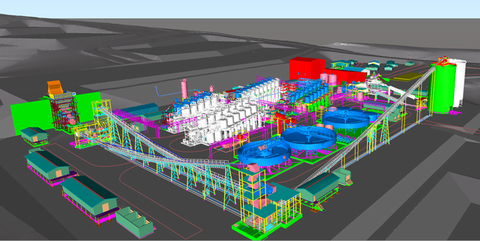thumbnail Figure 2: Preliminary three-dimensional design view of the Kabanga Concentrator showing Phase 1 (1.7 million tonne per year; shown in color) and Phase 2 (1.7 million tonne per year; shown in grey) circuits in parallel for combined throughput of 3.4 million tonnes per year. Source: Lifezone Metals