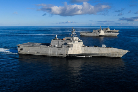 The Independence variant littoral combat ships USS Independence (LCS 2), left, USS Manchester (LCS 14), center, and USS Tulsa (LCS 16), right, sail in formation in the eastern Pacific. LCS are high-speed, agile, shallow draft, mission-focused surface combatants designed for operations in the littoral environment, yet fully capable of open ocean operations. As part of the surface fleet, LCS has the ability to counter and outpace evolving threats independently or within a network of surface combatants. (U.S. Navy photo by Chief Mass Communication Specialist Shannon Renfroe/Released)