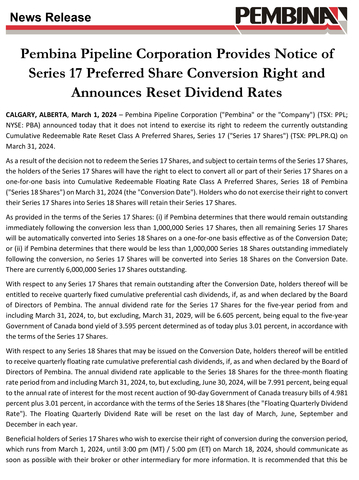 Pembina Pipeline Corporation Provides Notice of Series 17 Preferred Share Conversion Right and Announces Reset Dividend Rates