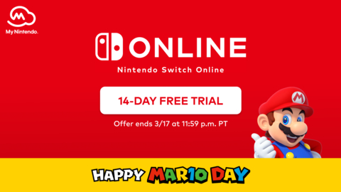 In honor of MAR10 Day, Nintendo is offering twice the fun with the Nintendo Switch Online 14-Day Free Trial membership, available now through March 17. (Graphic: Business Wire)