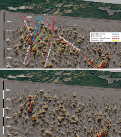 thumbnail Figure 2: Keats 3-D cube cross-section (Pre-SDM and Pseudo Relief, looking north), Top: With interpretation, Bottom: Without interpretation.