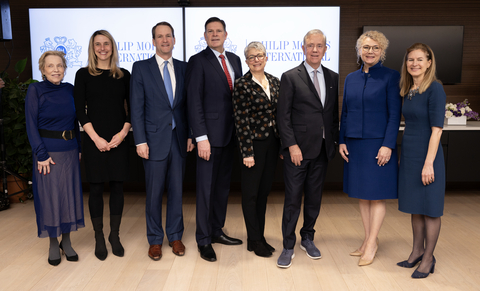 (from left to right) Marian Salzman, Senior Vice President & Chief Corporate Citizenship Officer, PMI U.S.; Stamford Mayor Caroline Simmons; U.S. Congressman Jim Himes; State Representative Tom O'Dea; Fran Pastore, CEO of the Women’s Business Development Council; Gov. Ned Lamont; Stacey Kennedy, President Americas & CEO of PMI’s U.S. Business; Lt. Gov. Susan Bysiewicz (Photo: Business Wire)
