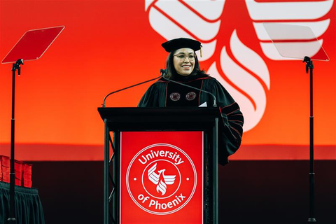 Mautra Staley Jones, Ed.D., delivers the keynote address at University of Phoenix's spring commencement ceremony on Saturday, March 2, 2024, at Chase Field. (Photo: Business Wire)