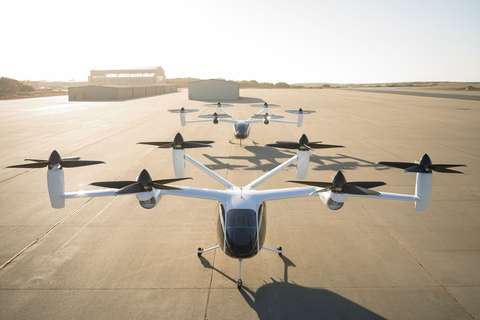 Joby’s pilot production line in Marina, California, with two of the company’s prototype aircraft. Joby Aviation photo