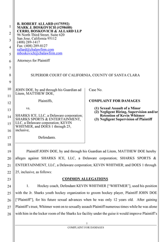 Lawsuit alleges that a San Jose Jr. Sharks hockey player was sexually abused due to the negligence of Sharks Sports & Entertainment, LLC and its subsidiary, Sharks Ice, LLC. (Graphic: Business Wire)