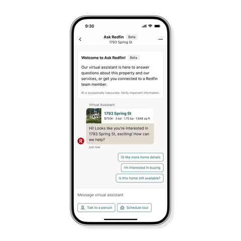 Redfin users can now get quick answers to questions about for-sale homes using Redfin's AI-powered virtual assistant, Ask Redfin. (Photo: Business Wire)