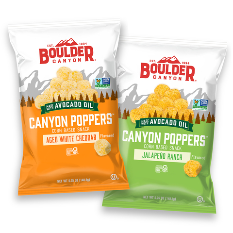 Try Boulder Canyon’s new Canyon Poppers, including Aged White Cheddar, featuring rich, cheesy taste, and Jalapeño Ranch, with tangy ranch flavor and a kick of spice. Source: Utz Brands, Inc.