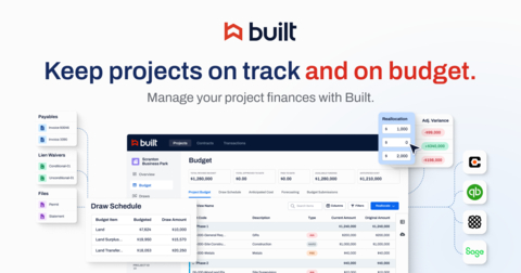 Built’s new next generation financial management and payments product for real estate owners and developers seamlessly integrates budget management with compliance and payables workflow while radically simplifying the draw request process to a single click of a button. Coupled with vendor management and embedded payments, Built helps ensure development deals are completed on time and within budget. (Graphic: Business Wire)
