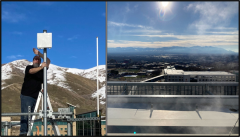 On left: Mavenir mmWave O-RU being deployed on the POWDER "Hospital Rooftop" location. On right: The view from the rooftop towards the Salt Lake valley where user devices are deployed. (Photo: Business Wire)