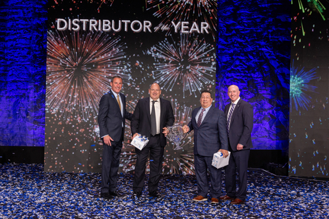 PPG Automotive Refinish honors Tasco Auto Color as the 2023 Platinum Distributor of the Year. Pictured left to right are Tom Maziarz, PPG vice president, automotive refinish Americas, David Abrahams, President, Tasco Auto Color, Lee Martinez, Vice President, Tasco Auto Color, Chancey Hagerty, PPG vice president, Global Automotive Refinish. (Photo: Business Wire)