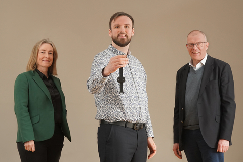 Left to right are Ana Stewart (Eos), Peter Forbes, who has Tourettes Syndrome and participated in last year's clinical trials, and Paul Cable (Neupulse), photo by Stewart Attwood