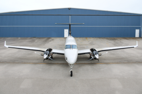 Frontal view of King Air 200 showing Starlink antenna mounted on top of the fuselage. (Photo: Business Wire)