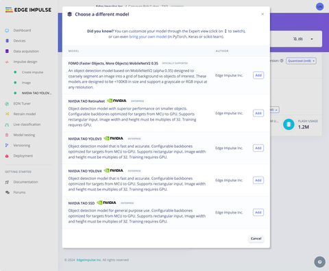 NVIDIA model selection in Edge Impulse Platform (Graphic: Business Wire)