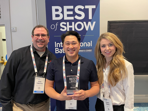 Team Amprius team accepting the  Best of Show award at the 41st International Battery Seminar and Exhibit: Erik Vaknine (left), Ronnie Tao (middle), Katie Maze (right). (Photo: Business Wire)