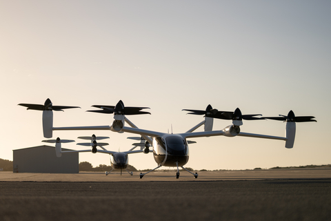 Two of Joby's prototype electric air taxi aircraft at the company's flight test and manufacturing facilities in Marina, California. Joby Aviation photo