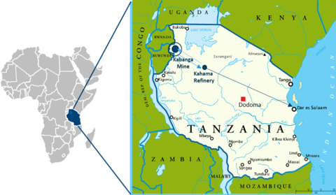 Map showing the locations of the Kabanga Nickel Project and Kahama Refinery within Tanzania. Kahama sits at the site of Barrick Gold’s past producing Buzwagi Gold Mine and stands to benefit from access to existing mining infrastructure. (Photo: Business Wire)