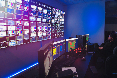 original NEP Sweden's Remote Operation Centre (ROC) in Stockholm features five medium-sized production control rooms (PCR) and one large PCR. NEP's Total Facility Control (TFC) broadcast control solution is shown on the workstation monitors. (Photo: Business Wire)