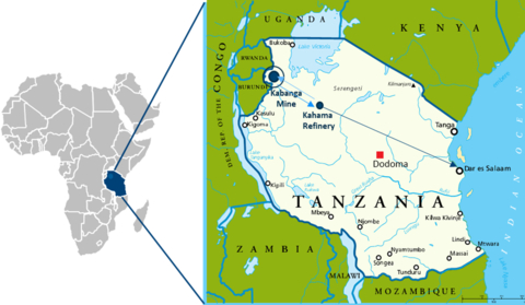 thumbnail Map showing the locations of the Kabanga Nickel Project and Kahama Refinery within Tanzania. Kahama sits at the site of Barrick Gold’s past producing Buzwagi Gold Mine and stands to benefit from access to existing mining infrastructure.(Photo: Business Wire)