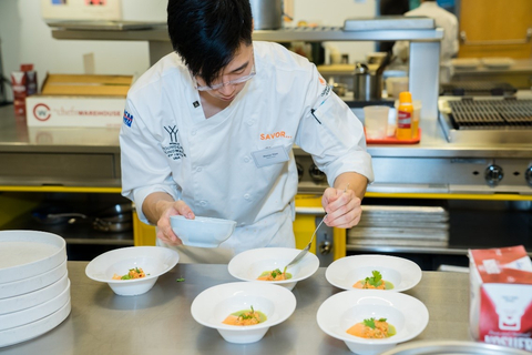 Contestant Marcus Youn plates a dish during the chef competition of Young Chef Young Waiter USA in 2023 at the CIA at Copia. Youn would go on to win first place in the USA competition and second place with Team USA in the world finals later in the year. (Photo: Andreas Zhou/SAVOR)