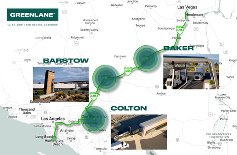 Greenlane’s initial corridor sites will be located on Interstate 15 in Colton, Barstow and Baker, California, with additional sites to connect the corridor to Southern Nevada and San Pedro, California. (Graphic: Business Wire)