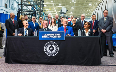 original Texas Governor Greg Abbott visits NASA's Johnson Space Center to announce the inaugural members of the Texas Space Commission Board of Directors and the Texas Aerospace Research and Space Economy Consortium Executive Committee alongside Rep. Greg Bonnen, Speaker Dade Phelan, and NASA's Johnson Space Center Director Vanessa Wyche on Tuesday, March 26, 2024, in Houston. Photo credit: Office of the Texas Governor