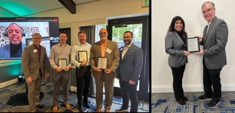 Left photo: 2024 Fellows Award recipients are presented with plaques by the NextFlex Co-Executive Directors. (L to R) Erick King, Dr. Art Wall, David Sabanosh, Dr. Kenneth Church, Andrew Kwas, and Dr. Scott Miller. Right photo: (L to R) Madhu Stemmermann receives her plaque from Dr. Art Wall. (Photo: Business Wire)
