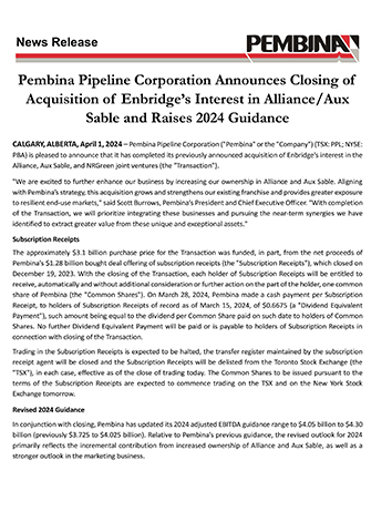 Pembina Pipeline Corporation Announces Closing of Acquisition of Enbridge’s Interest in Alliance/Aux Sable and Raises 2024 Guidance
