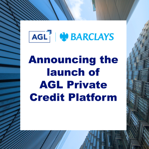 Text reading, 'Announcing the launch of AGL Private Credit Platform,' in front of city buildings. (Graphic: Business Wire)