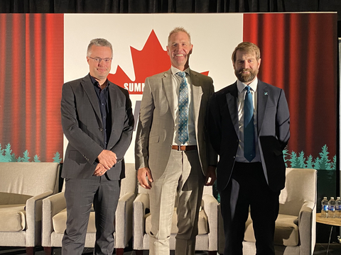 Alberta Minister of Affordability and Utilities Nathan Neudorf joins Emissions Reduction Alberta CEO Justin Riemer and X-energy Vice President of Global Business Development Ben Reinke for an announcement at the Small Modular Reactors Canada Summit. (Photo: Business Wire)