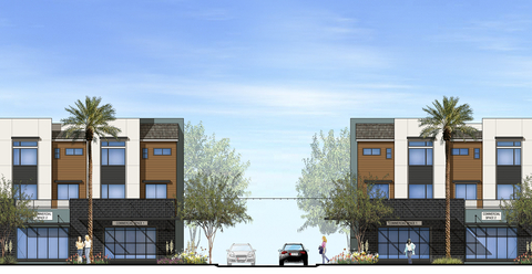 original Eginhouse, located at the southwest corner of Arkansas St. and Pioneer Blvd. in Artesia, will consist of 59 three-story townhomes, including 22 live/work units, plus 4,544 sq. ft. of ground-floor commercial space. (Graphic: Business Wire)