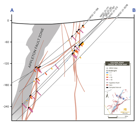 thumbnail Figure 6. Cross section of Golden Joint illustrating drill holes selected for metallurgical testing. The black bars shown in the figure represent the metallurgical testing intervals. (Graphic: Business Wire)