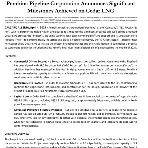 Pembina Pipeline Corporation Announces Significant Milestones Achieved on Cedar LNG