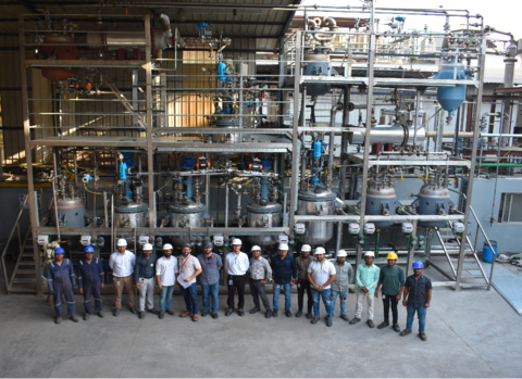 Key personnel from Novoloop and Aether Industries celebrate the remarkable achievement of the pilot plant startup in Surat, India. (Photo by Novoloop and Aether)