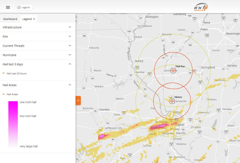 Indji Watch display of historical views of damaging hail in relation to solar assets (Graphic: Business Wire)