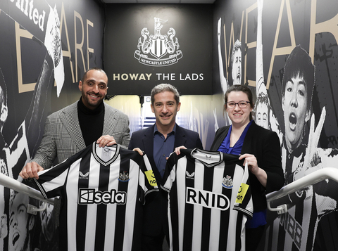 (Left to right) Senior Vice President at Sela, Ibrahim Mohtaseb, Chief Commercial Officer at Newcastle United Football Club (NUFC), Peter Silverstone and RNID Technology Lead, Dr Lauren Ward unveil Sela’s NUFC haptic shirts that will for the first time enable deaf fans to feel the atmosphere of the crowd inside St. James’ Park for Premier League game with Tottenham Hotspur on Saturday April 13. Photo credit: Nigel Roddis/PA Media