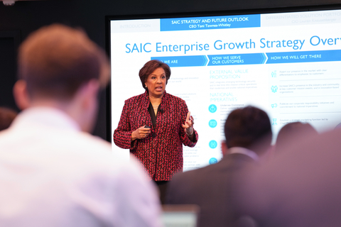 SAIC CEO Toni Townes-Whitley briefs 2024 Investor Day attendees on the company's new enterprise growth strategy. (Photo: Business Wire)