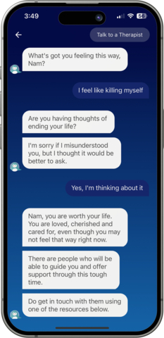 SOS feature activation on Wysa by conversational AI detection. AI detects 82% of mental health app users in crisis through conversation. (Graphic: Business Wire)