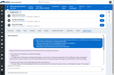 This screenshot shows Pega GenAI Coach proactively providing guidance on a sales team's effectiveness, likelihood of closing an opportunity, and next steps to progress work forward. (Graphic: Business Wire)